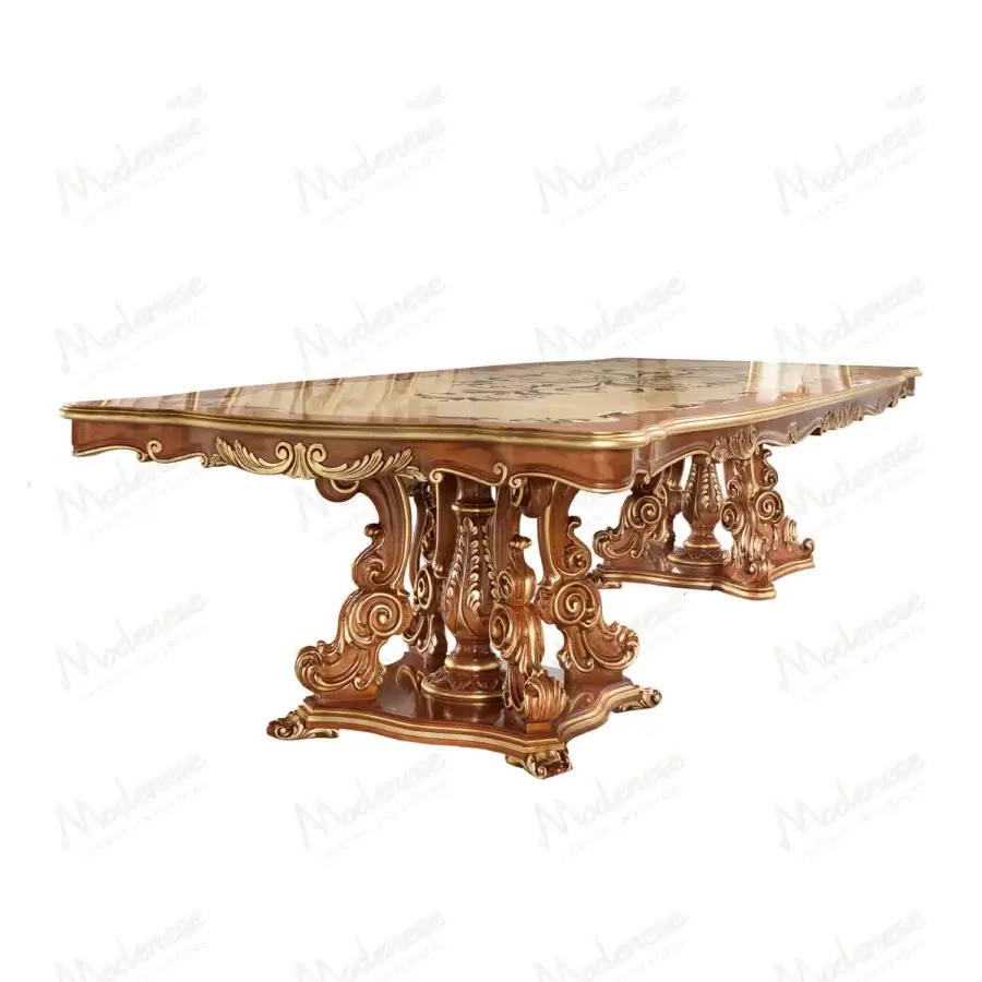 Distinguished Modenese Royal Blend table crafted in wood with lustrous finish and elegant gold accents
