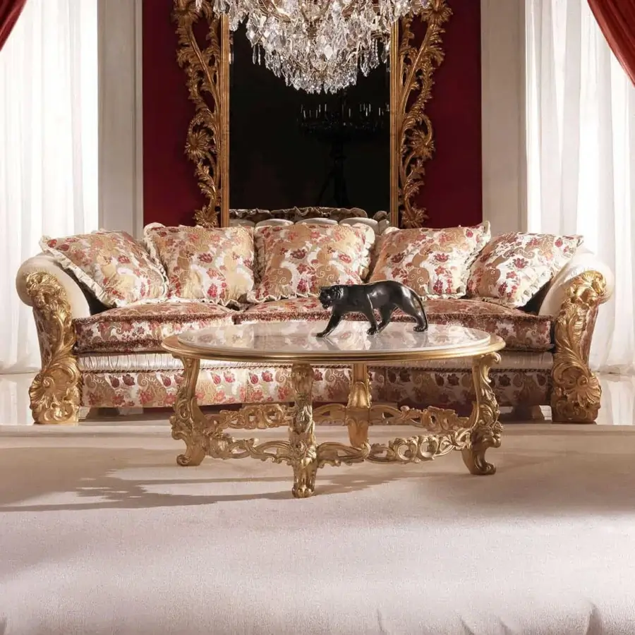 Superior Zanaboni Renoir sofa crafted with ivory patina wood and red, beige, cream damask upholstery exhibiting gold carvings