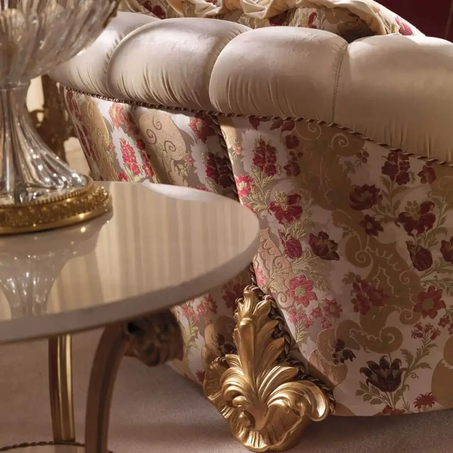 Distinguished Zanaboni Renoir sofa crafted in damask fabric with ivory patina finish and intricate gold carvings