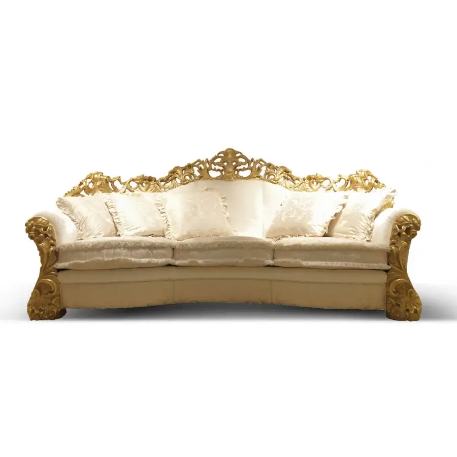 Lavish Zanaboni Leonardo sofa crafted with solid wood, ivory patina and gold leaf finish, upholstered in creamy white textile