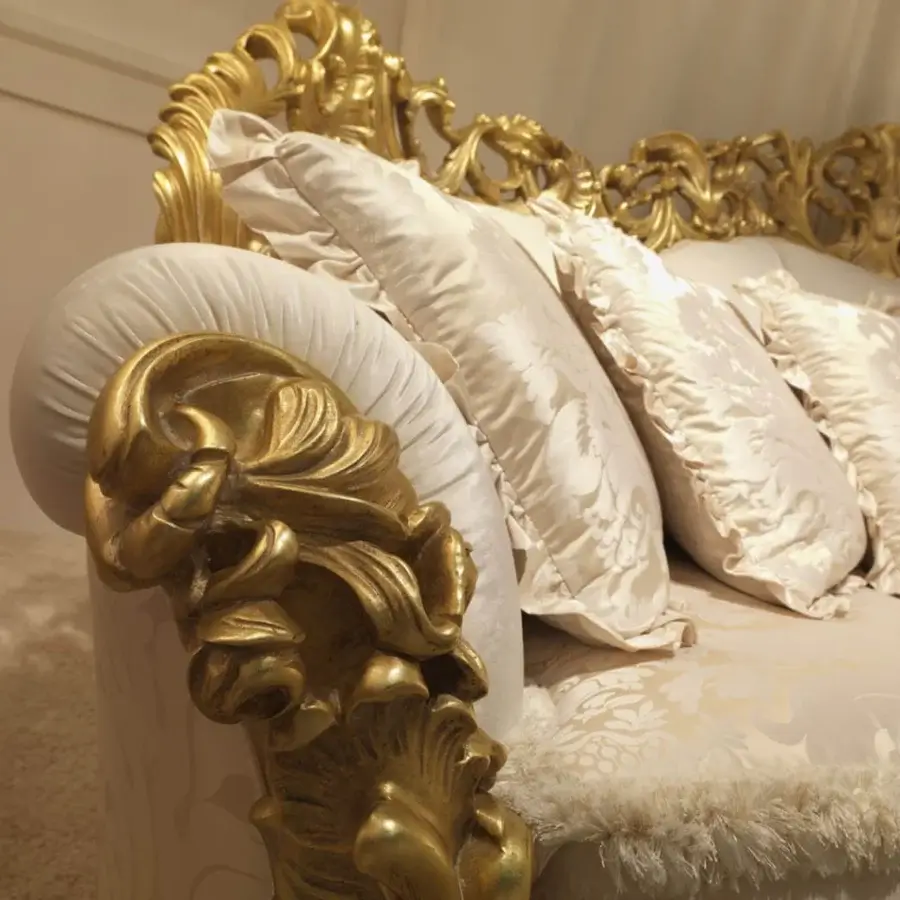 Exquisite Zanaboni Leonardo sofa crafted with solid wood, gold leaf finish and cream beige cushions