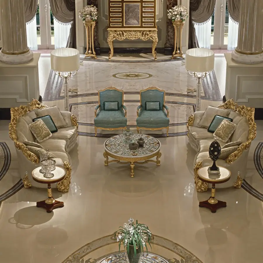 Lavish Zanaboni Leonardo sofa with sinuous curves, teal-blue upholstery and gold leaf with ivory patina finish