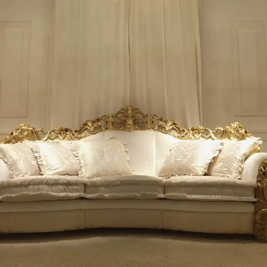 Distinguished Zanaboni Leonardo sofa with ivory patina, gold leaf finish and plush beige textile upholstery