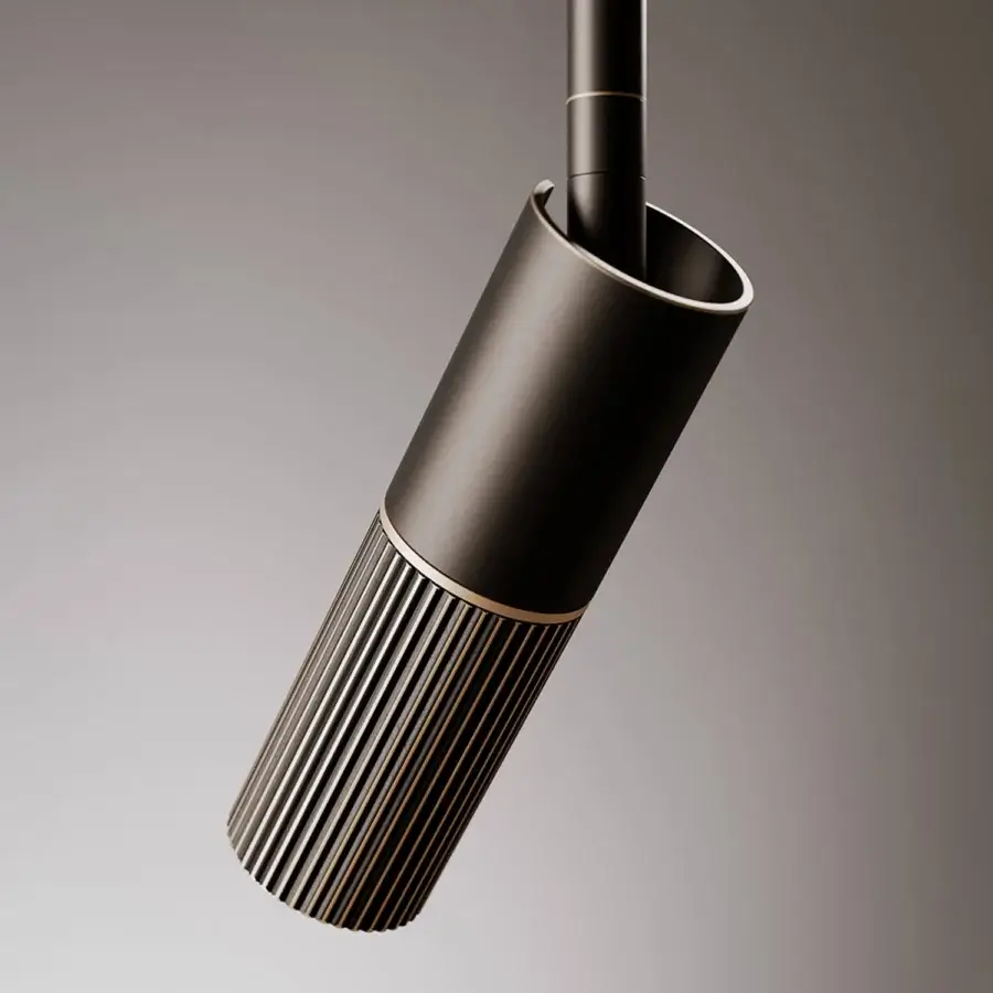Superior VENICEM Beak suspension lamp crafted in burnished brass with subtle knurled detailing and a balanced cylindrical form