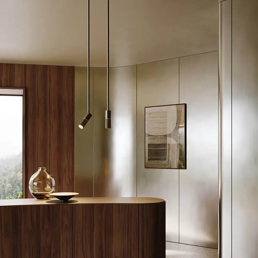 Elegant VENICEM Beak suspension lamp crafted in burnished brass with a sleek muted gray finish and adjustable head