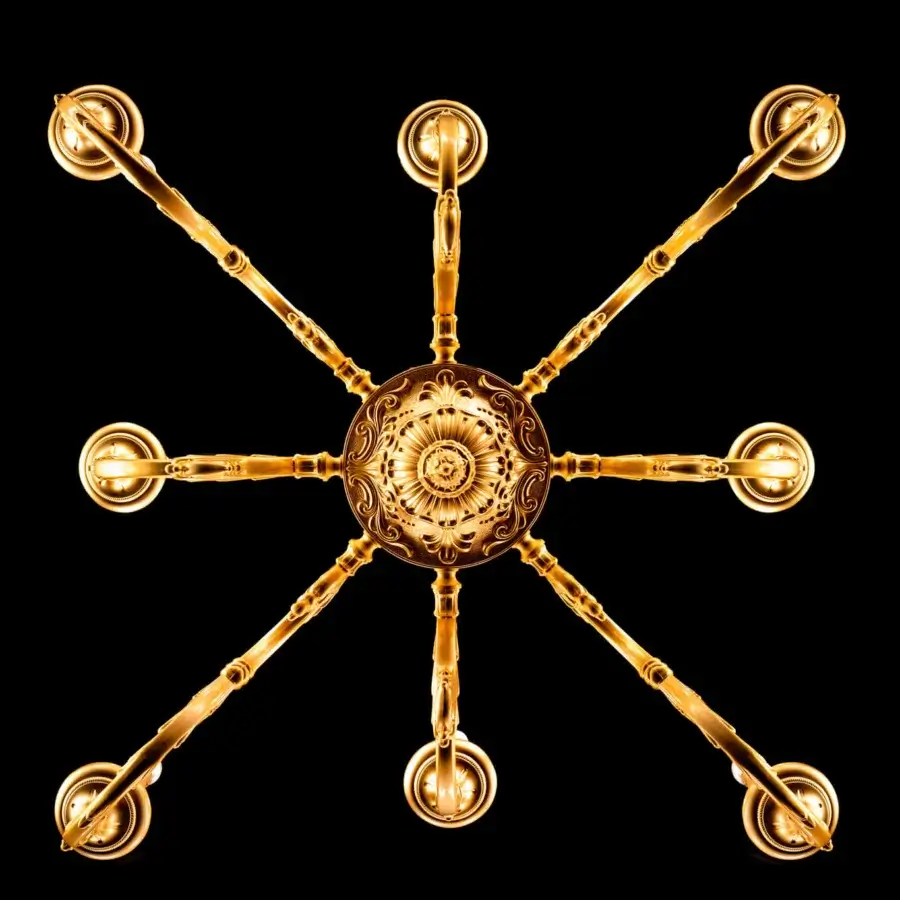 Distinguished Laudarte Iperione chandelier crafted in bronze with radiant 24K ancient gold plating and ornate floral detailing