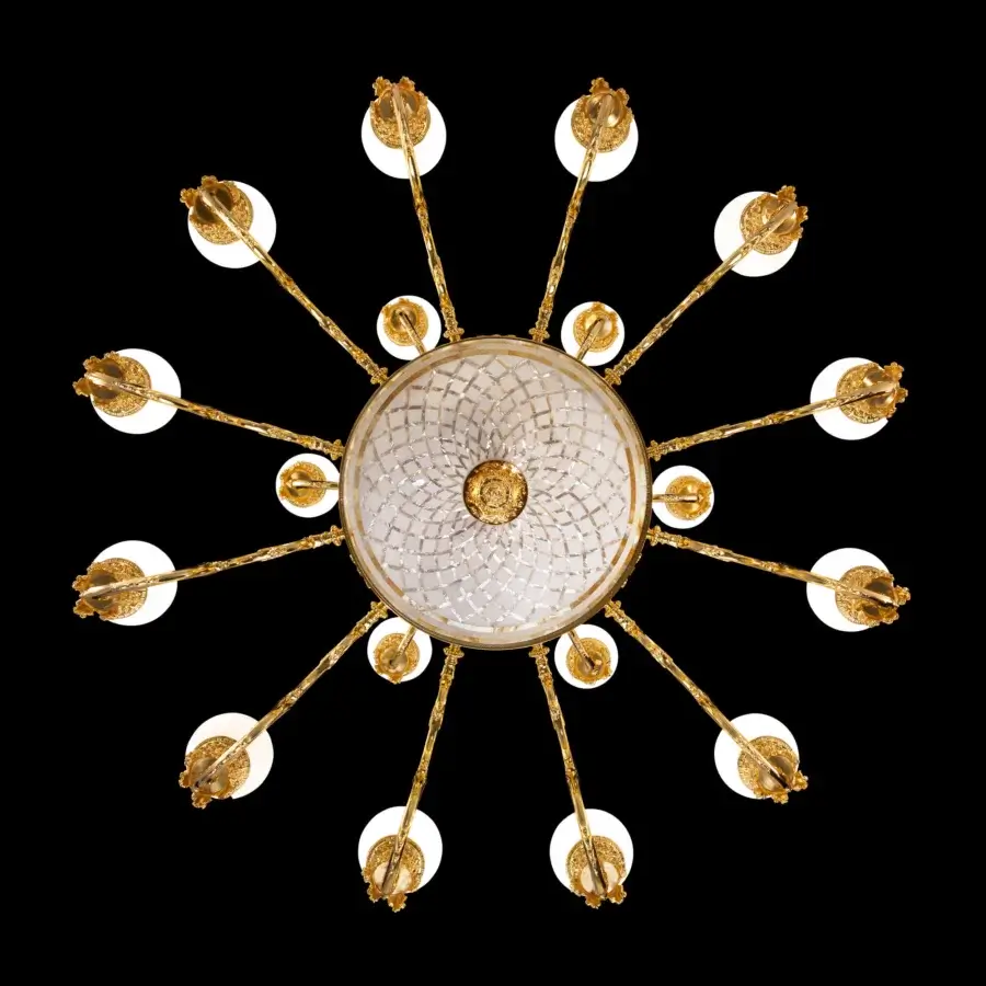 Lavish Laudarte Sole chandelier handcrafted in bronze with radiant 24K gold plating and stone mosaic accents