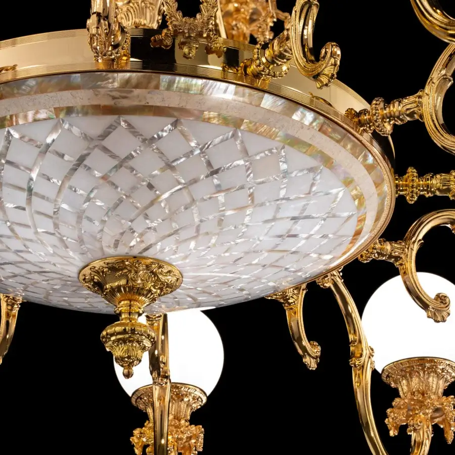 Superior Laudarte Sole chandelier handcrafted in bronze with radiant 24K gold plating and mother of pearl mosaic