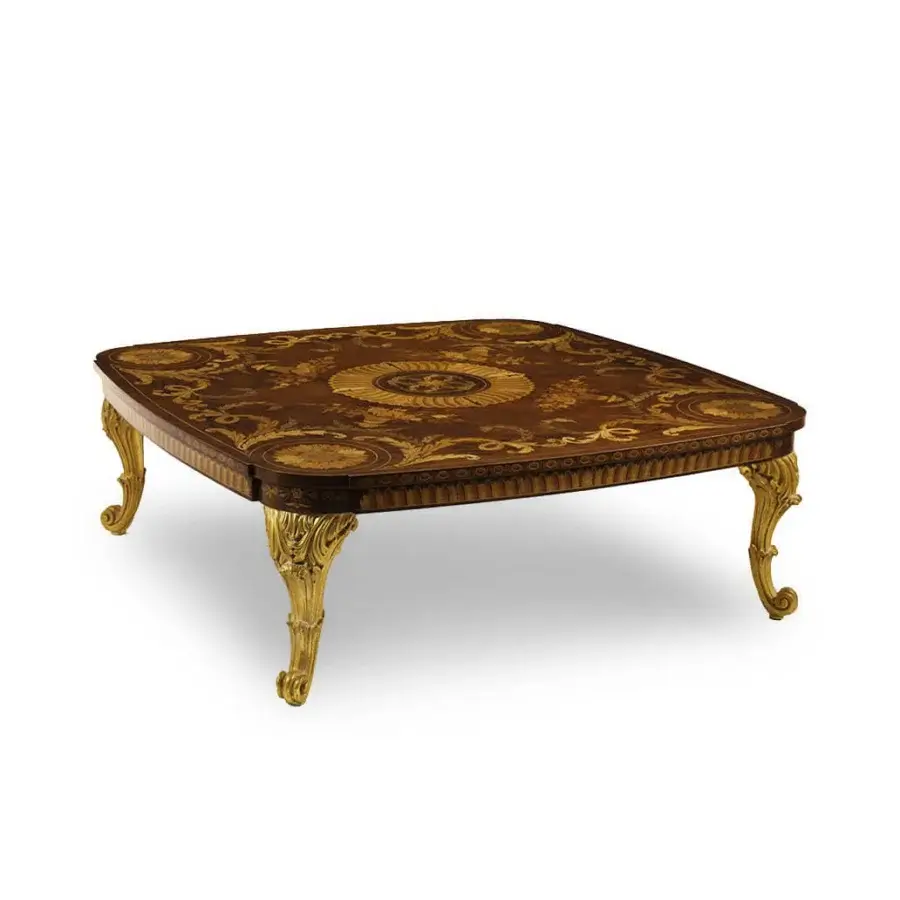 Exquisite Zanaboni T101/C coffee table with inlaid wooden top and ornate gold-toned metal legs in a glossy finish