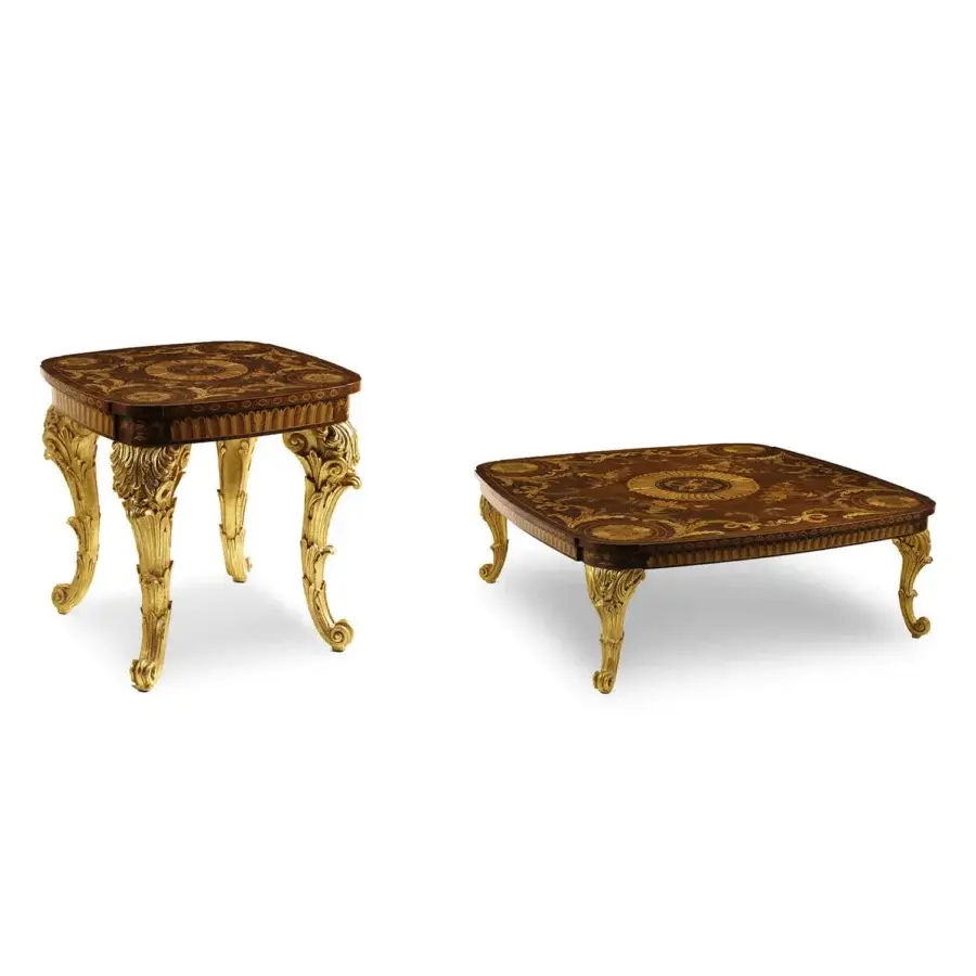 Distinguished Zanaboni T101/S side table with inlaid wooden top and skillfully carved legs in gold coating and ivory patina
