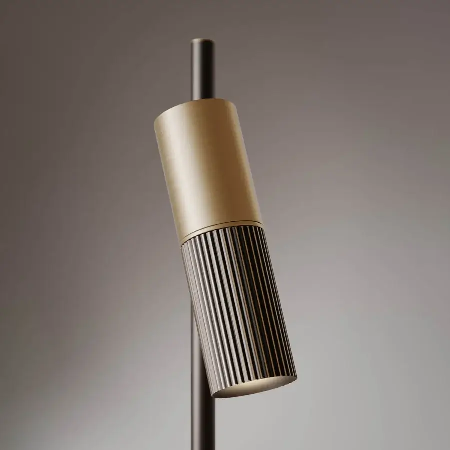 Exceptional VENICEM Beak table lamp crafted in Italy with a cylindrical head and burnished brass finish