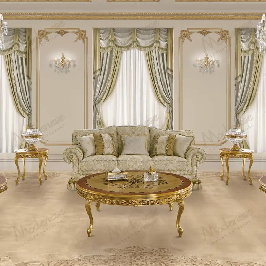 Exquisite Modenese Royal Blend coffee table crafted with dark brown wood and gold finish, displaying an inlaid decorative pattern