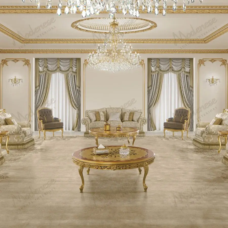 Lavish Modenese Royal Blend coffee table with inlaid detailing and hand-carved legs in high-gloss gold tone wood