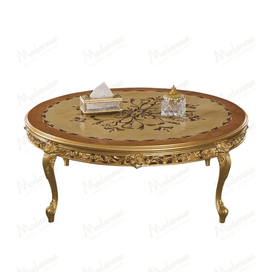 Superior Modenese Royal Blend coffee table crafted in wood with inlaid detailing and gilded, hand-carved legs