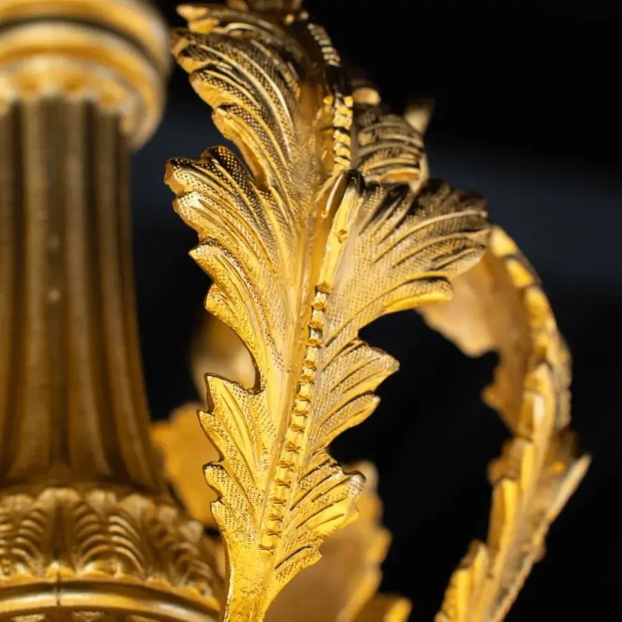 Superior Laudarte Venus chandelier crafted in bronze with radiant 24K ancient gold plating and ornate sculpted details