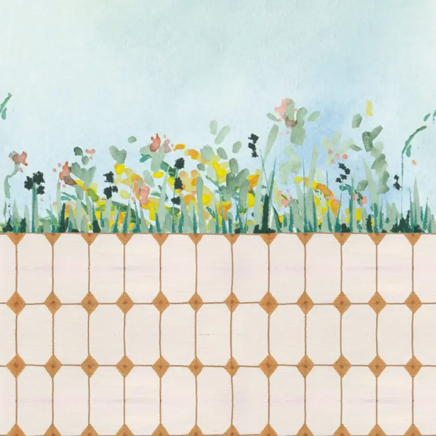Harmonious Wall&Decò Arduino wallpaper blends botanical artistry with geometric design in pale beige and terracotta with a matte finish