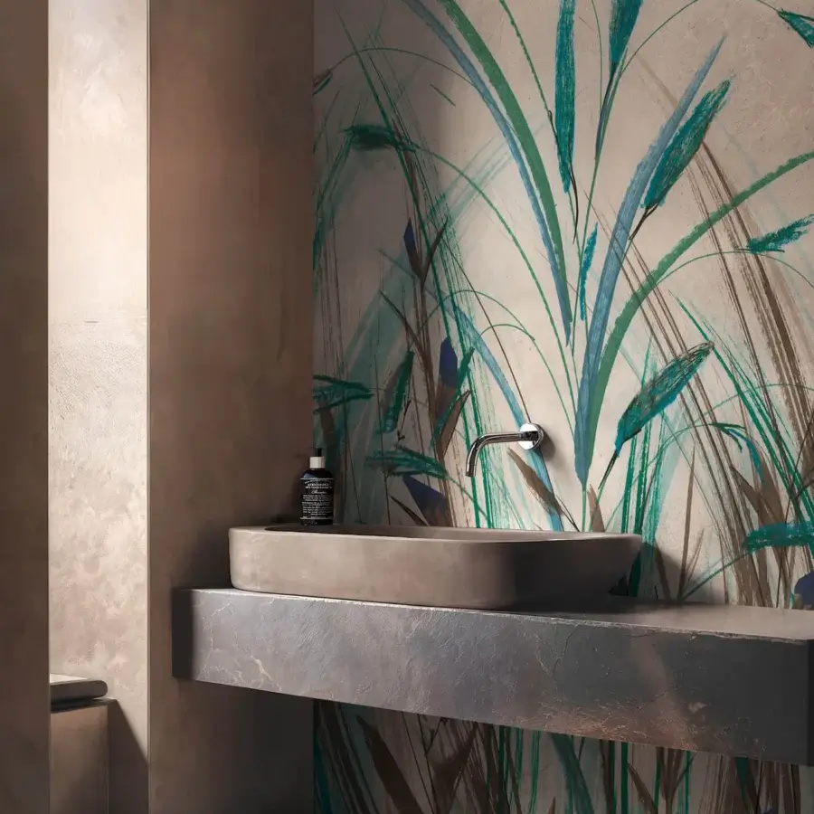 Elegant Wall&Decò Arundo wallpaper showcases a graceful botanical design in teal and light green with a sophisticated matte finish