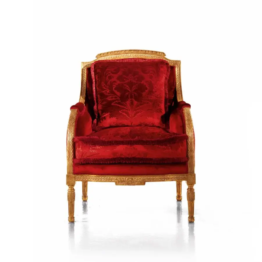 Superior Zanaboni 004/C lounge chair crafted with carved wood and gold leaf finish, upholstered in deep red floral textile