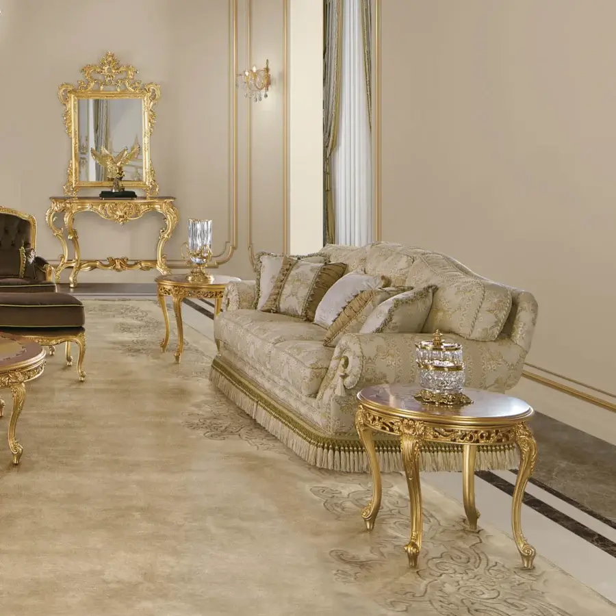 Superior Modenese Royal Blend side table with inlaid wood and hand-carved gold detailing in a rich golden sheen