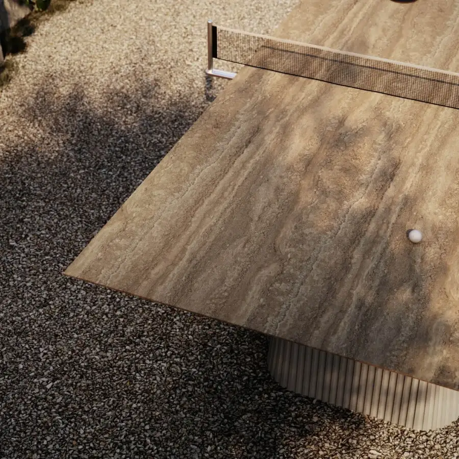Distinguished Vismara Egeo table-tennis table with ceramic stone effect tabletop in Classic Travertino beige and concrete effect legs