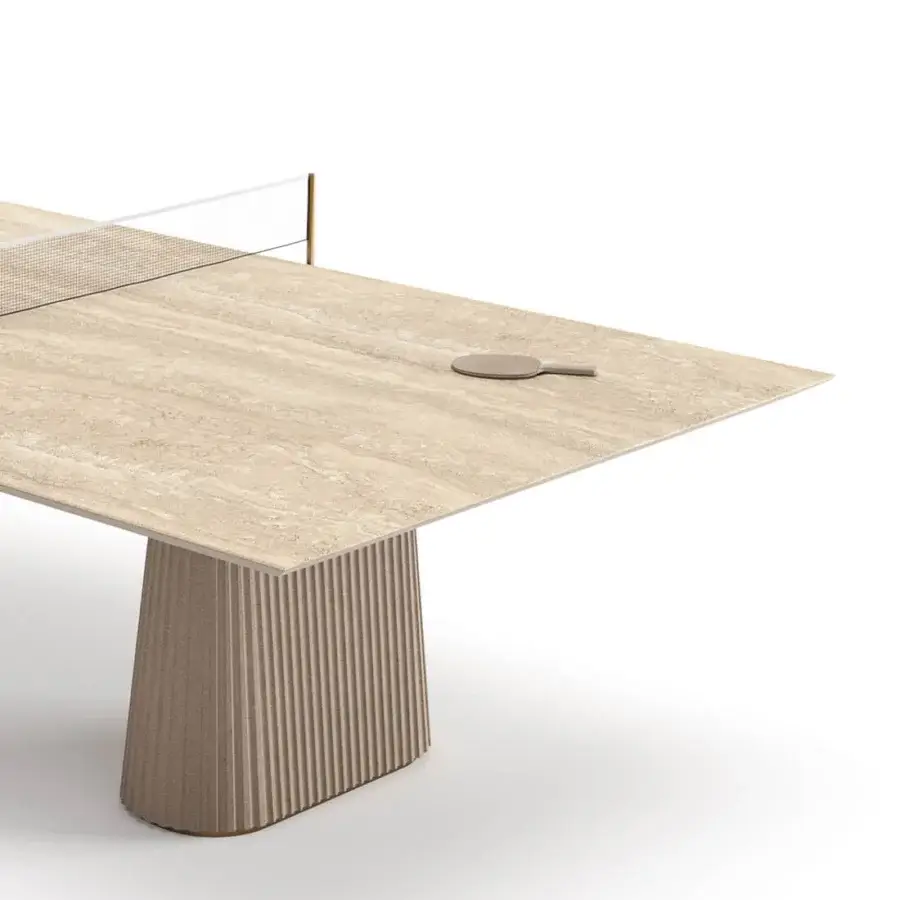Superior Vismara Egeo table-tennis table with ceramic stone effect tabletop in Classic Travertino beige and concrete effect lacquered legs