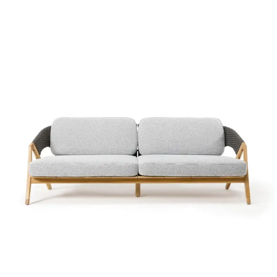 Exceptional Ethimo Knit sofa with sinuous teak frame and sophisticated light gray fabric rope weave backrest crafted in Italy