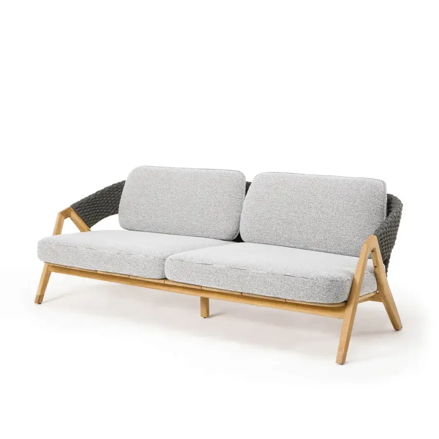 Exceptional Ethimo Knit sofa with sinuous teak frame and sophisticated light gray woven textile upholstery crafted in Italy