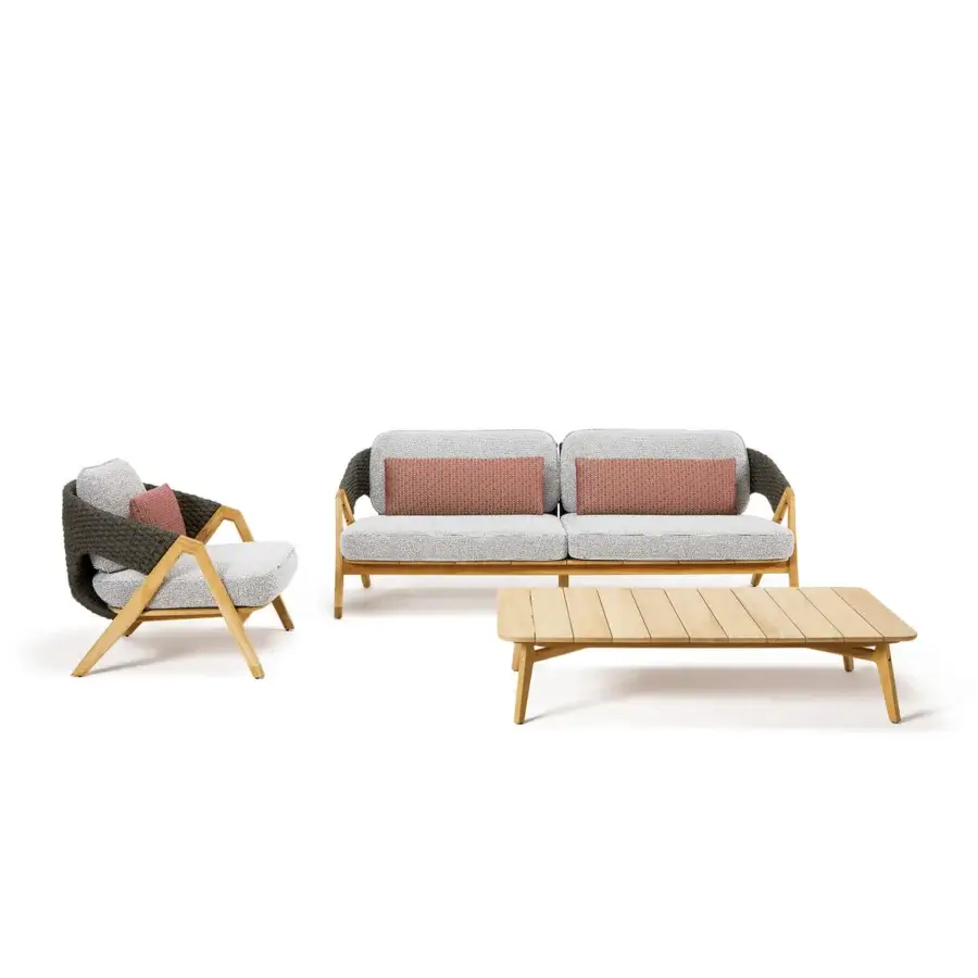 Elegant Ethimo Knit sofa with sinuous teak frame and terracotta light gray woven backrest cushions