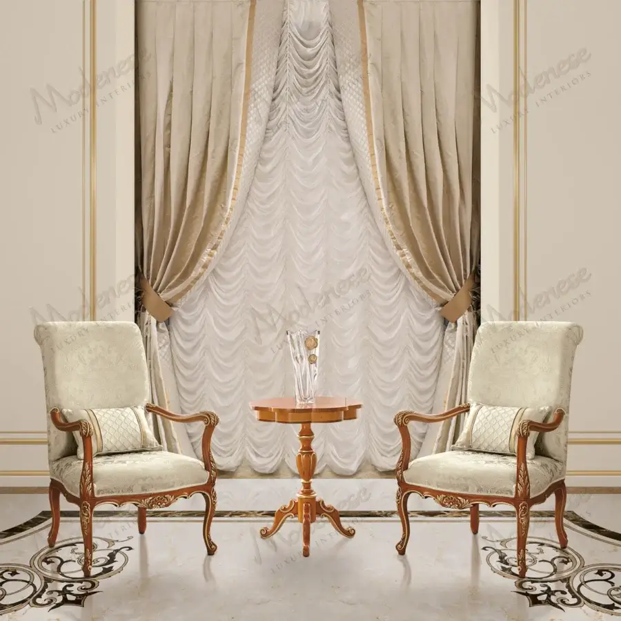 Distinguished Modenese Royal Blend Floral side table crafted in creamy beige wood with glossy finish and delicate gold leaf accents