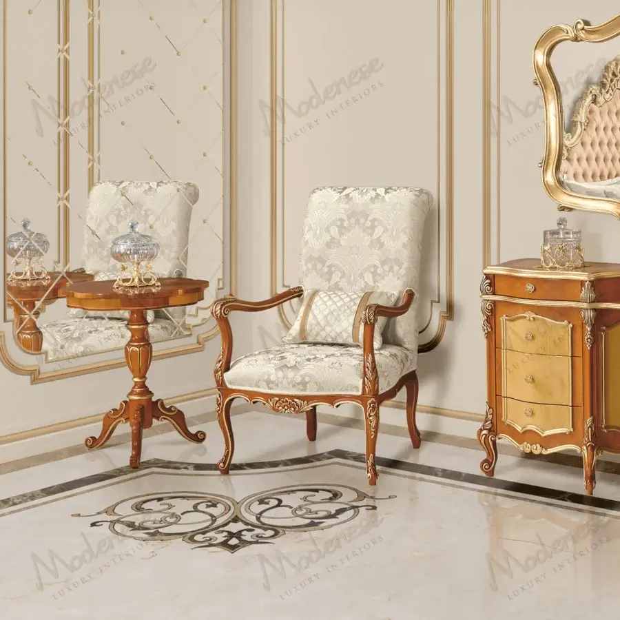 Exquisite Modenese Royal Blend Floral side table crafted in warm-toned wood with delicate gold leaf accents and glossy finish
