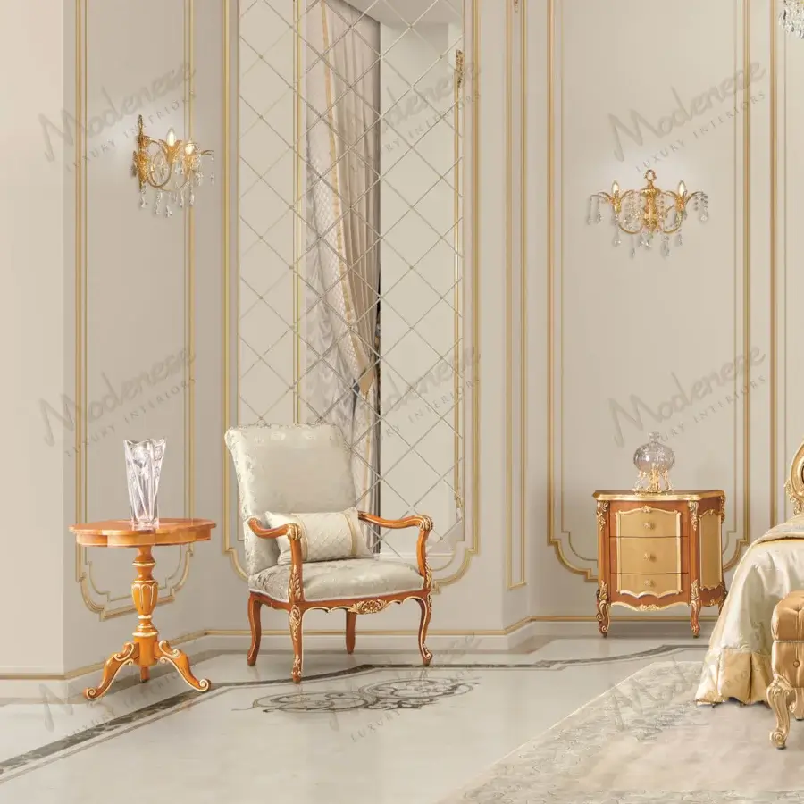 Lavish Modenese Royal Blend Floral side table crafted in wood with delicate gold leaf accents and glossy finish