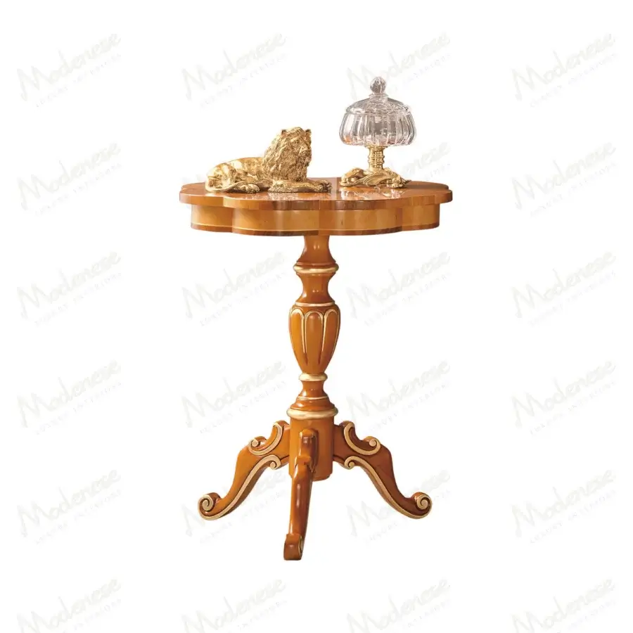 Superior Modenese Royal Blend Floral side table crafted in warm-toned wood with gold leaf accents and glossy finish