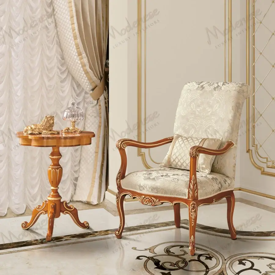 Distinguished Modenese Royal Blend Floral side table crafted in warm-toned wood with delicate gold leaf and glossy finish