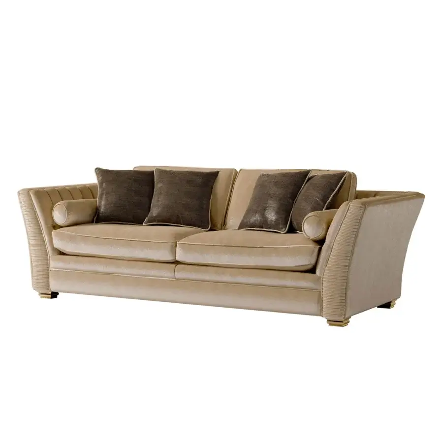 Elegant Zanaboni Amalfi sofa with warm beige textile upholstery and vertically ribbed detailing crafted with a solid wood frame