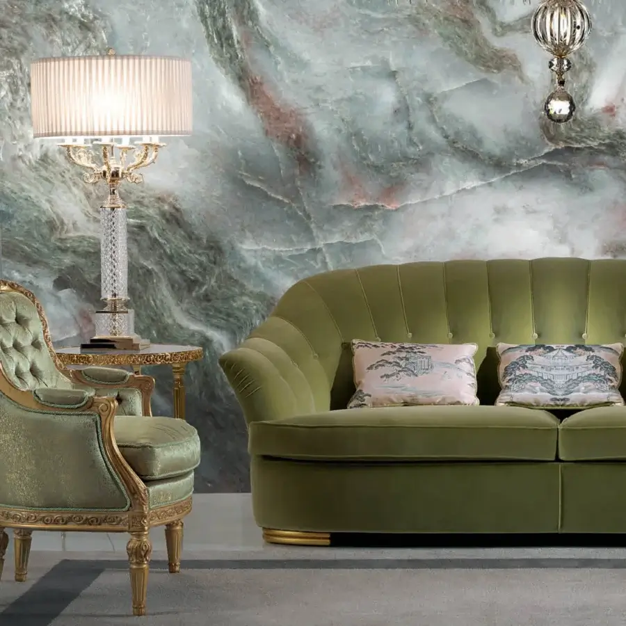 Exceptional Zanaboni Aura lounge chair upholstered in muted green textile with gold and ivory patina finish
