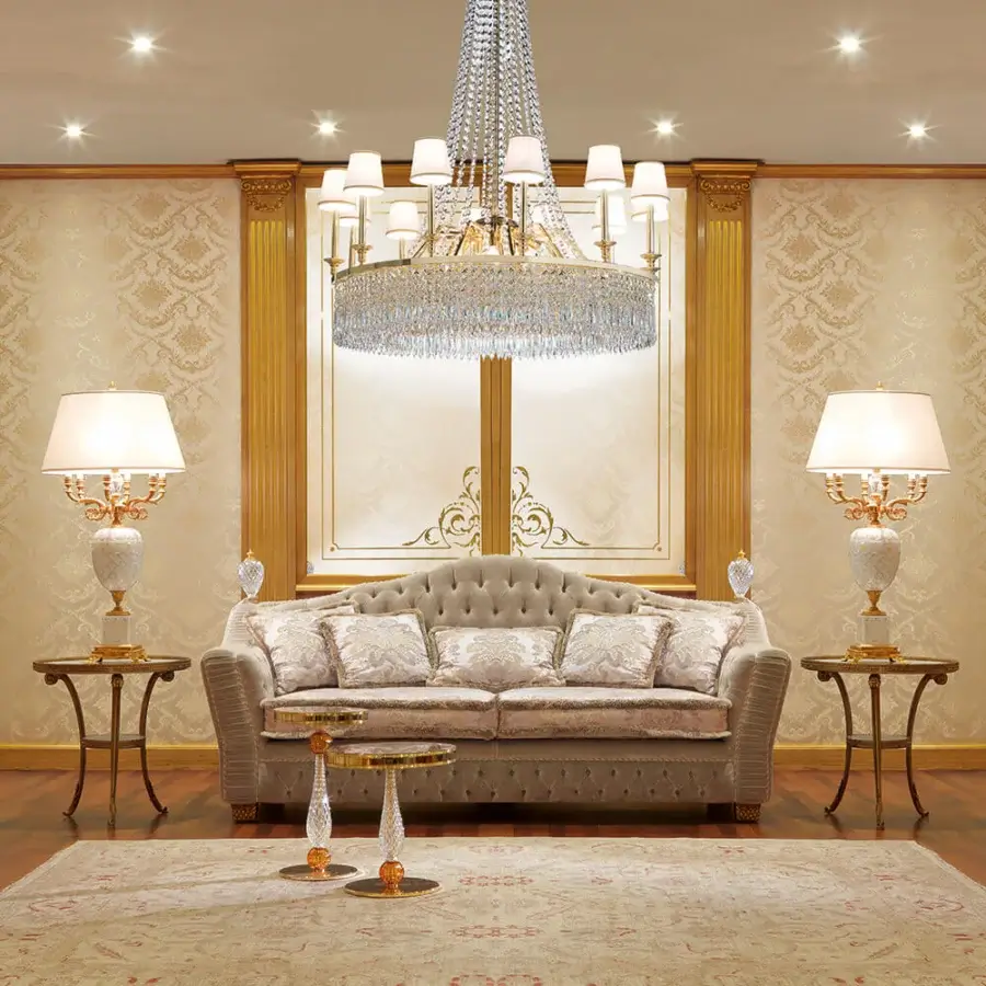Superior Zanaboni Borromeo sofa crafted in muted beige textile with satin finish and hand-chiseled crystal accents