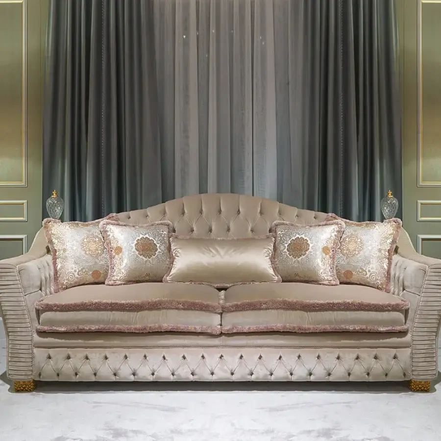 Distinguished Zanaboni Borromeo sofa built with luminous cream satin textile and pale gold embellishments