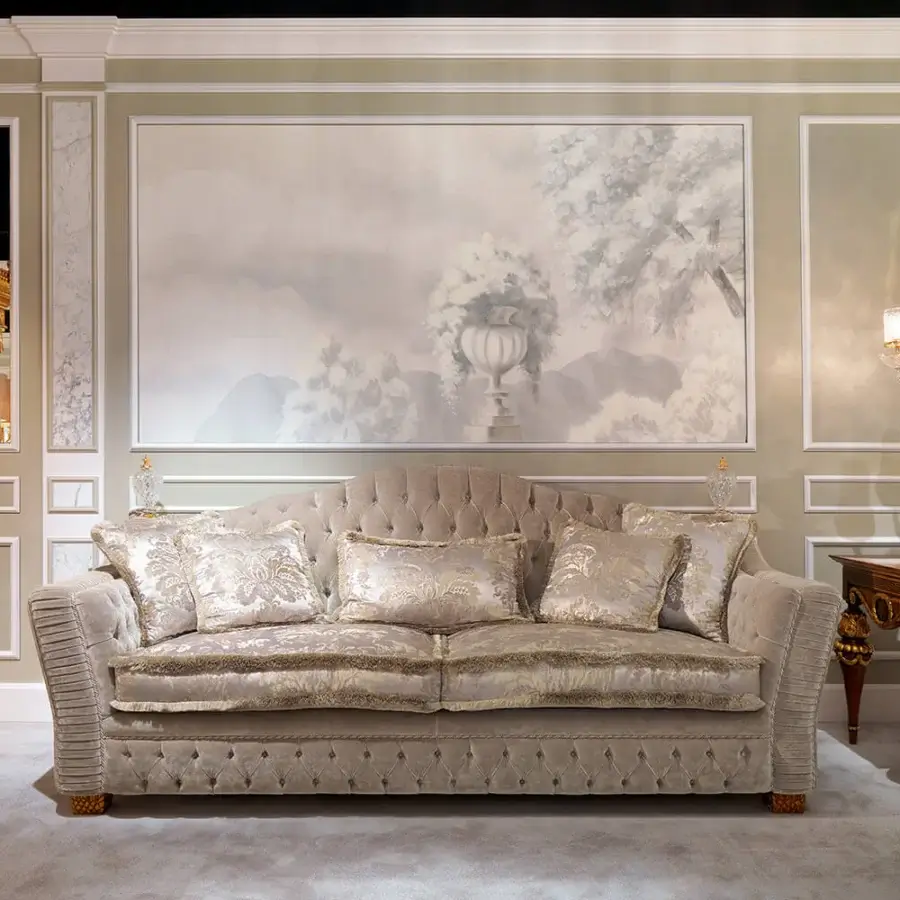 Exquisite Zanaboni Borromeo sofa crafted in shimmering silvery-grey textile with gold leaf detailing and deeply tufted backrest