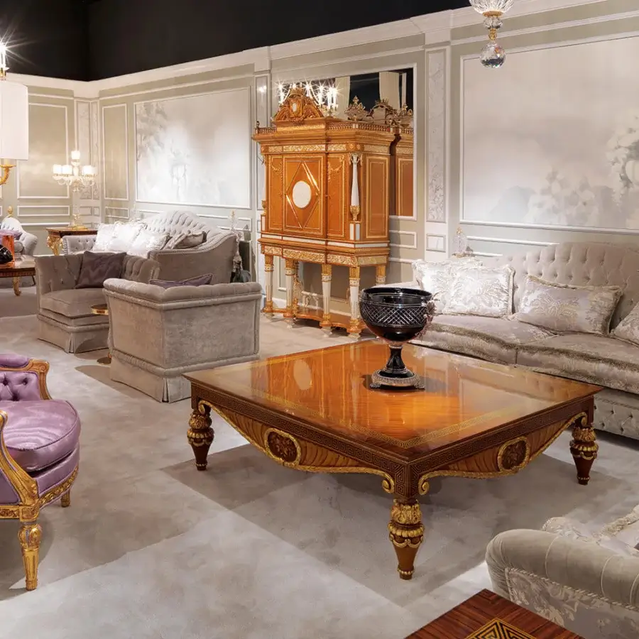 Lavish Zanaboni Borromeo sofa upholstered in subtly-sheened lavender textile with glossy gold leaf finish and tufted detailing