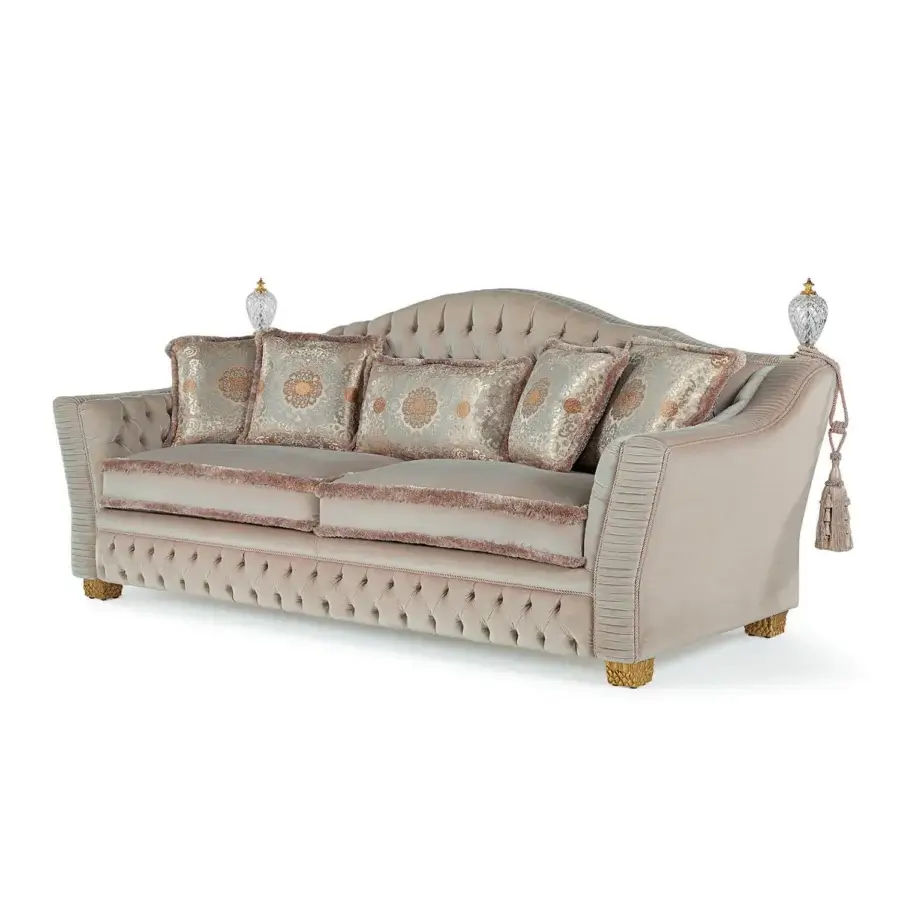 Distinguished Zanaboni Borromeo sofa crafted in plush pale beige textile with deeply button-tufted detailing and gilded crystal elements