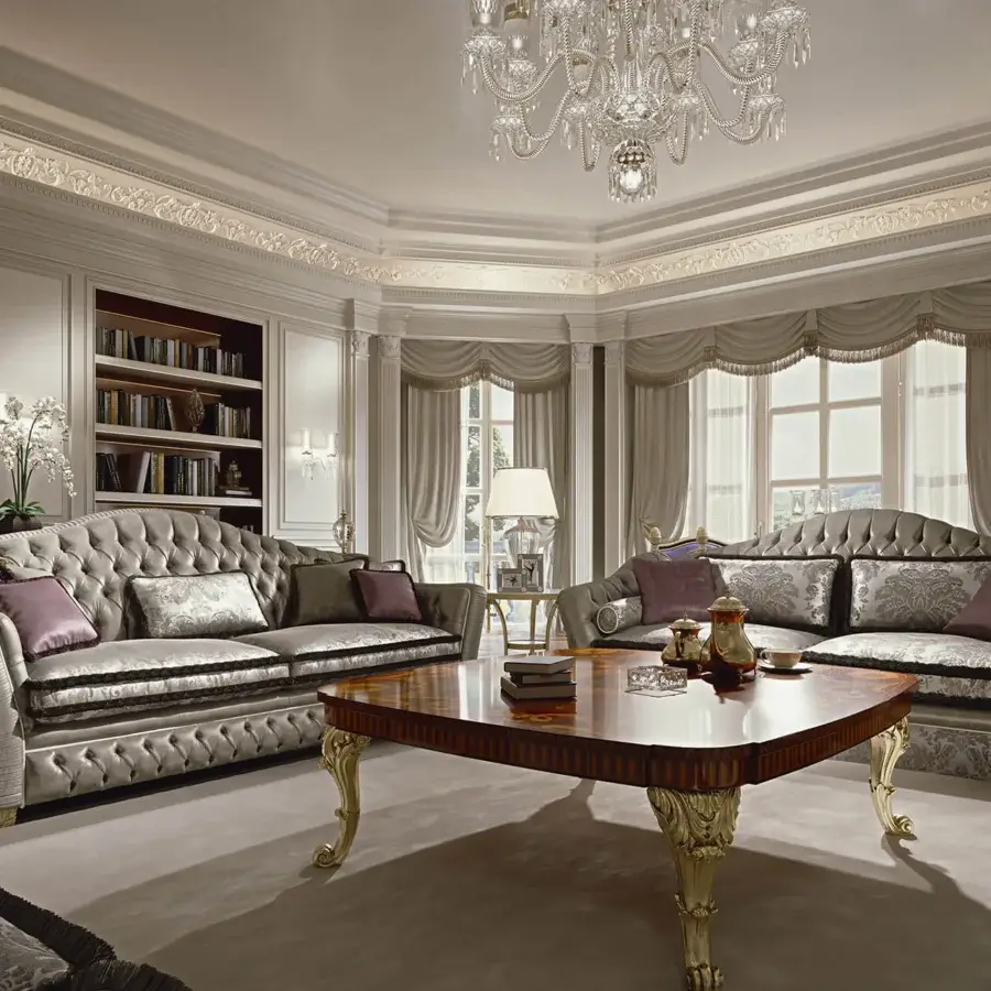 Exclusive Zanaboni Borromeo sofa with quilted silvery-grey textile and hand-chiseled crystal detailing alongside gold leaf finish