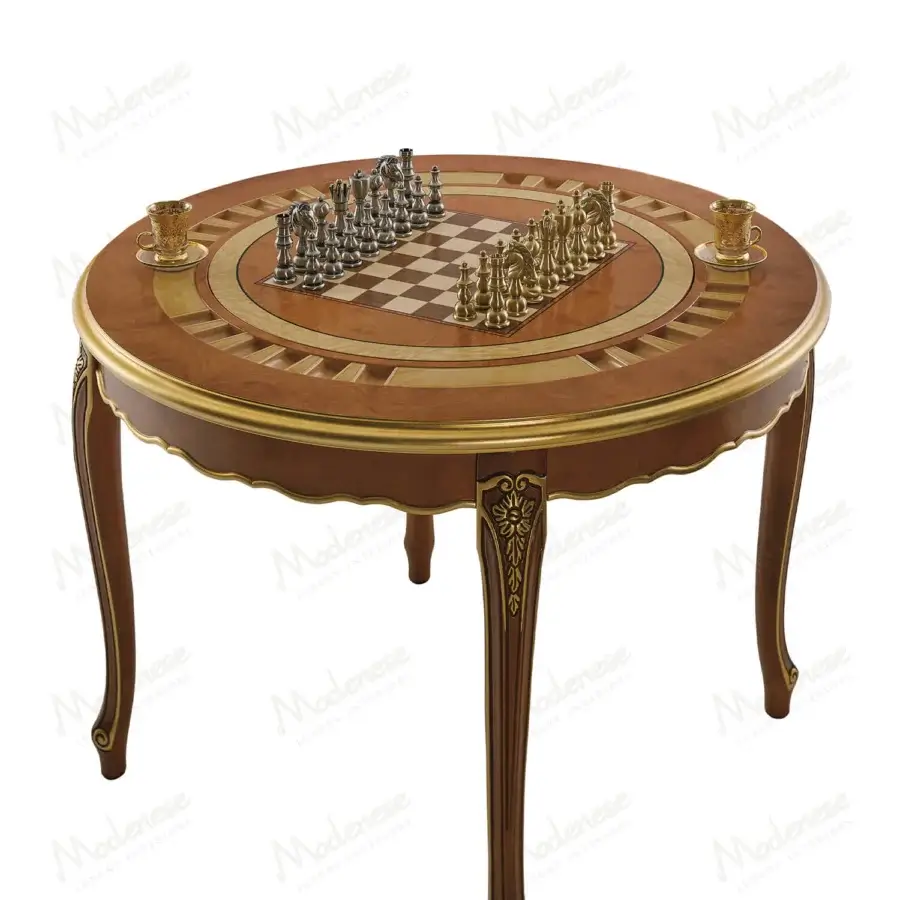 Lavish Modenese Royal Blend game table crafted in warm walnut with gold detailing and hand-carved embellishments
