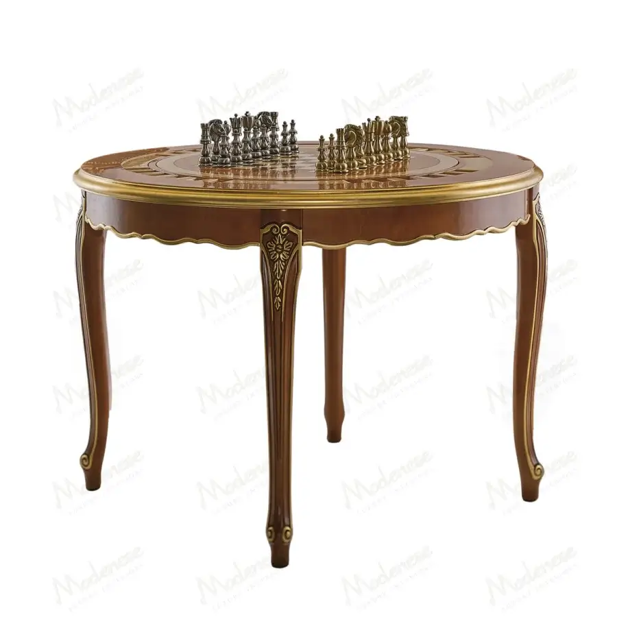 Superior Modenese Royal Blend game table crafted in warm walnut with elegant gold detailing and hand-carved embellishments
