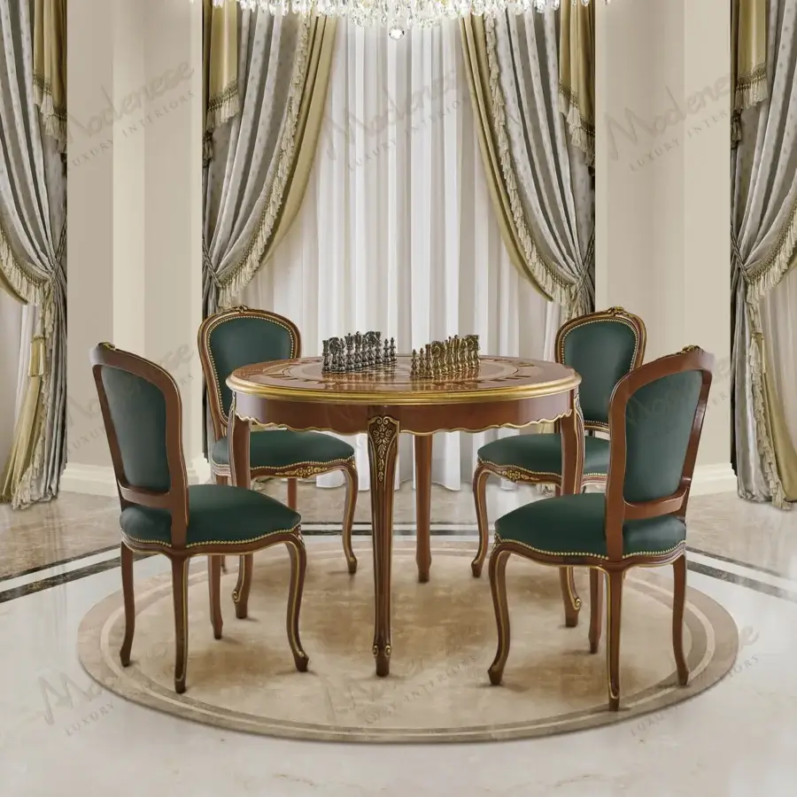 Distinguished Modenese Royal Blend game table crafted in walnut with inlaid checkered design and gold detailing