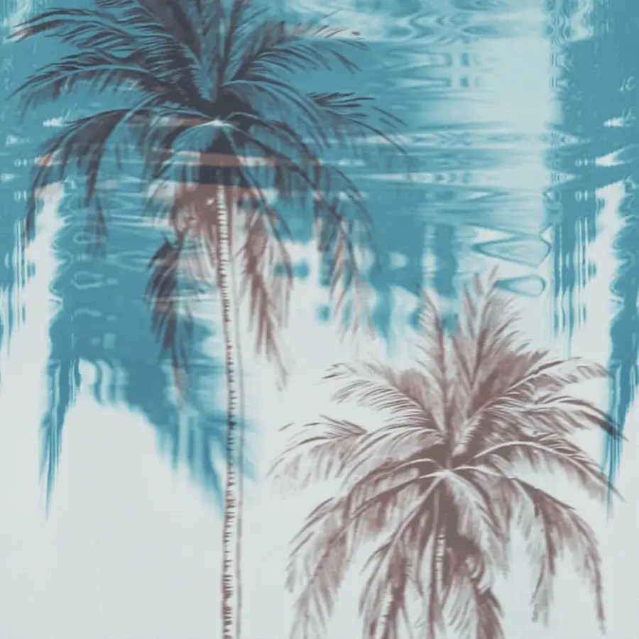 Exceptional Wall&Decò De Focus wallpaper depicting softly reflected palm trees in muted browns and cool teal with a contemporary textured finish