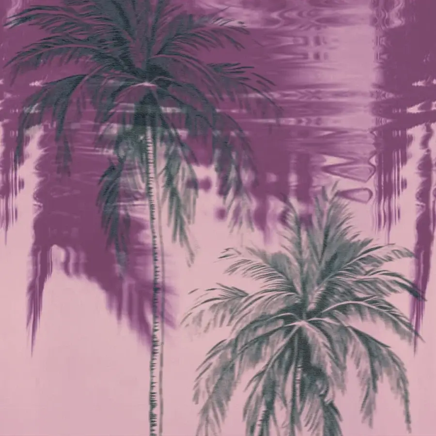Elegant Wall&Decò De Focus wallpaper displaying stylized palm trees in dusty rose with a water-based resin finish
