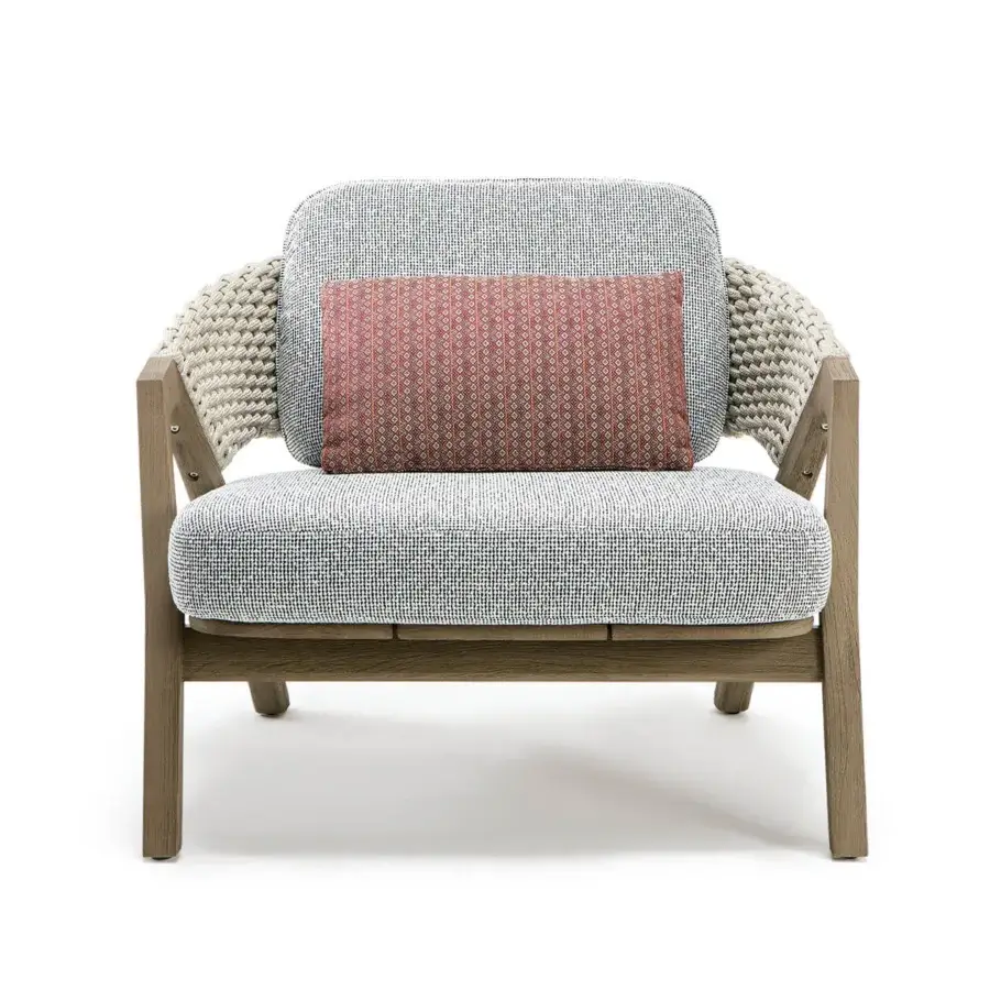 Superior Ethimo Knit lounge chair with teak frame and muted gray patterned textile woven rope backrest