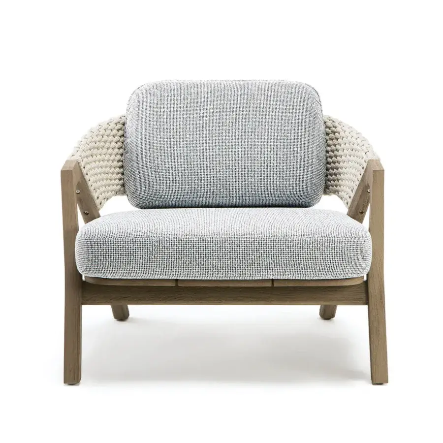 Distinguished Ethimo Knit lounge chair with teak frame and woven rope backrest in neutral gray-white textile with dark blue accents