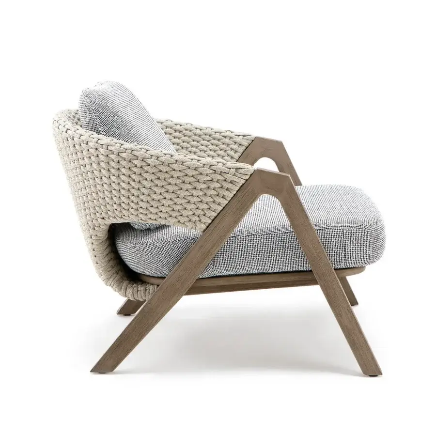 Exceptional Ethimo Knit lounge chair with woven beige-grey rope and patterned grey-blue seat, crafted with a matte teak frame