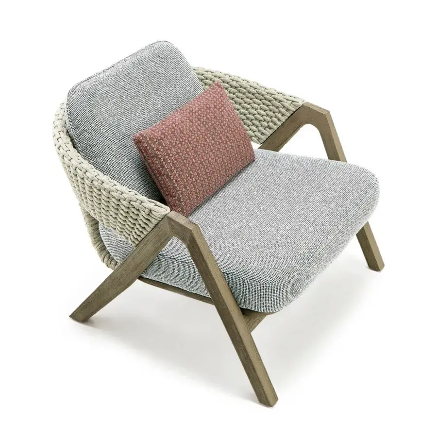 Superior Ethimo Knit lounge chair with a welcoming teak frame and sophisticated woven gray rope backrest